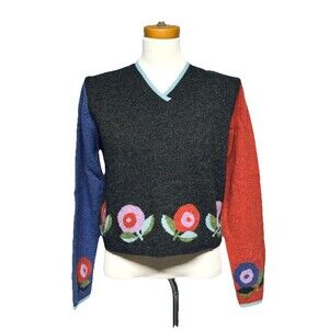 Vintage Susan Martin Lambswool Crop Sweater Colorblock & Floral New w Tag Medium